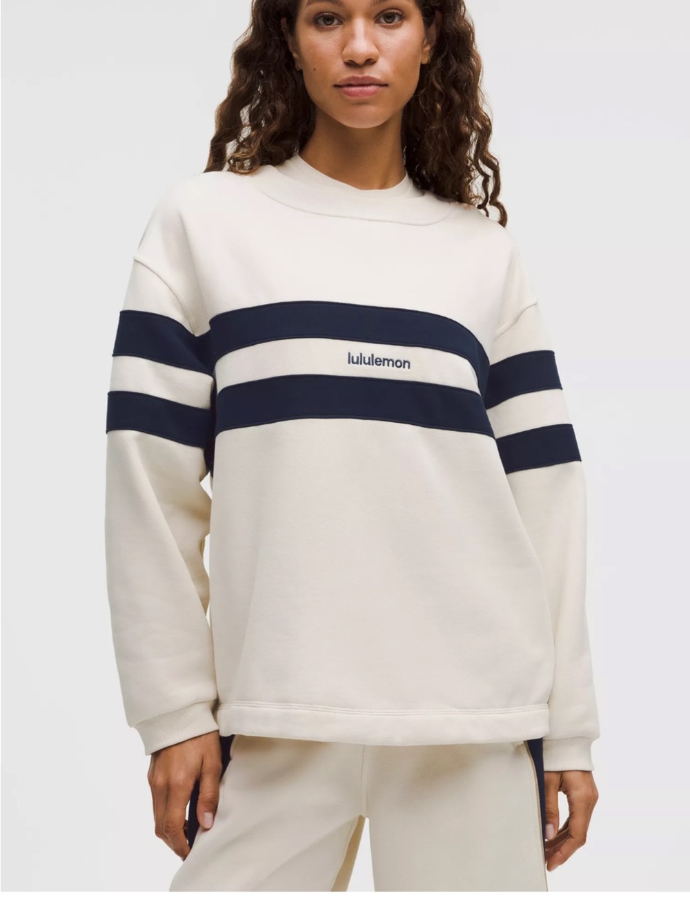lululemon athletica Cream Crewneck Sweatshirt with Navy Stripes